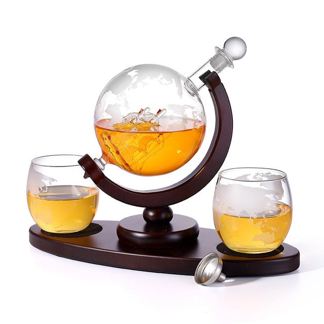 Whiskey Dispenser Globe Machine Set With Etched Globe Whisky Glasses