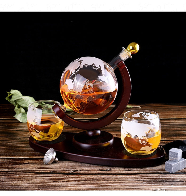 Whiskey Dispenser Globe Machine Set With Etched Globe Whisky Glasses